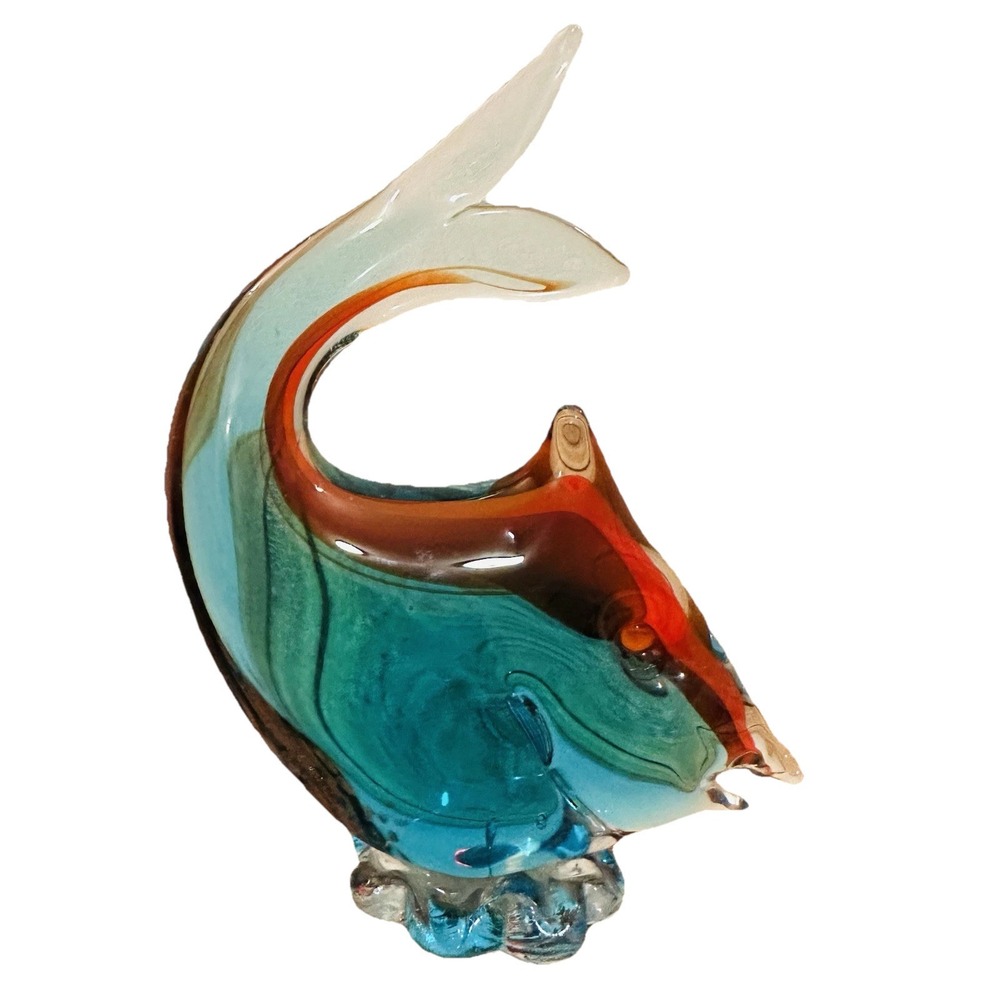 Vintage Murano Glass Amberina Fish Figurine Mid Century Modern Gold Blue 6.5 "